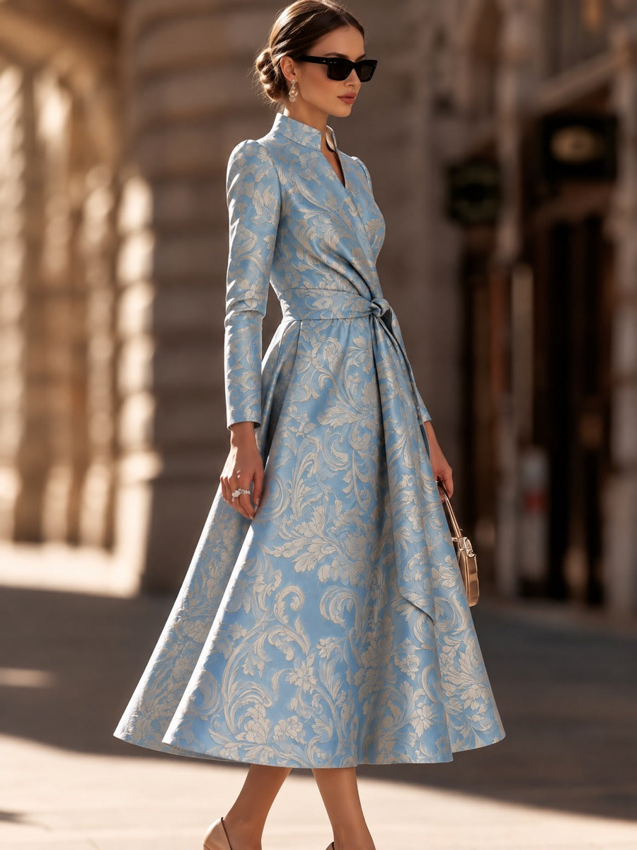 Light Blue Baroque Floral Wrap Midi Dress