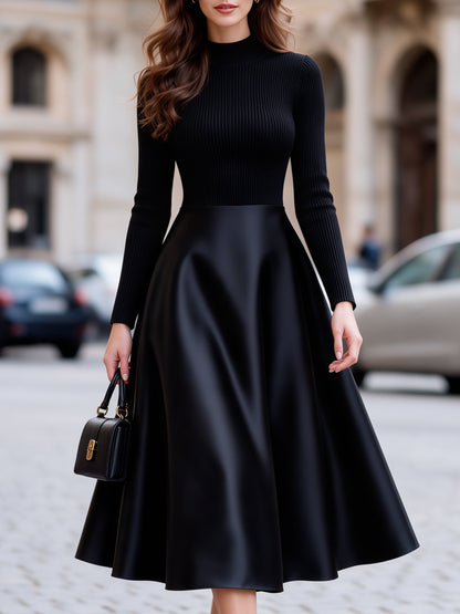 Ribbed Knit And Satin A-Line Midi Dress