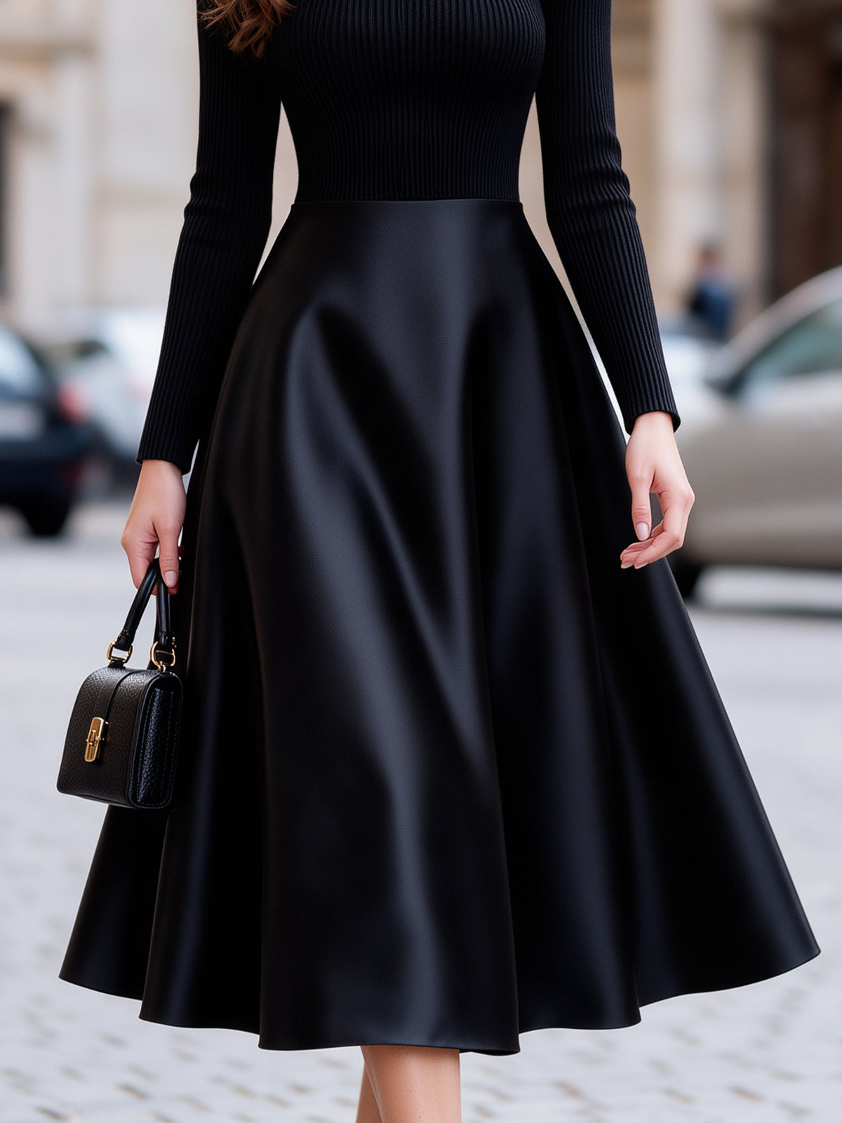 Ribbed Knit And Satin A-Line Midi Dress