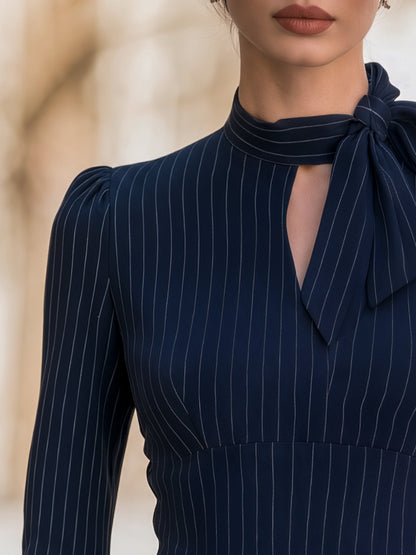 Pinstripe Bow-Neck Structured Blouse