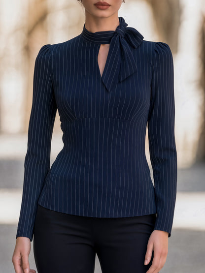 Pinstripe Bow-Neck Structured Blouse