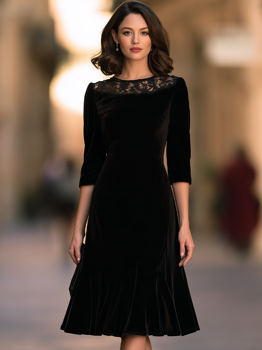 Lace Yoke Midi Dress With Three-Quarter Sleeves And Flounce Hem