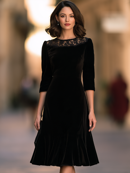 Lace Yoke Midi Dress With Three-Quarter Sleeves And Flounce Hem