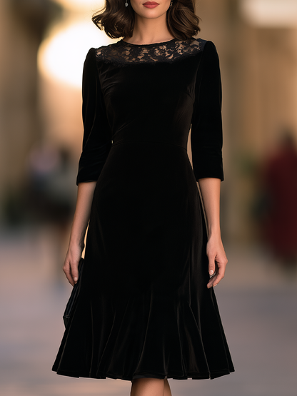 Lace Yoke Midi Dress With Three-Quarter Sleeves And Flounce Hem