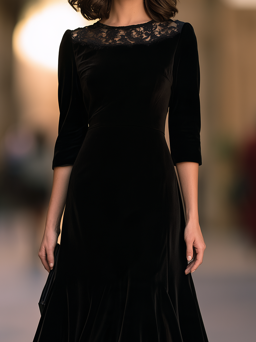Lace Yoke Midi Dress With Three-Quarter Sleeves And Flounce Hem