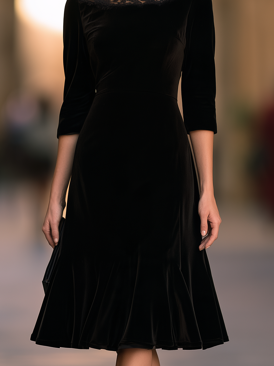 Lace Yoke Midi Dress With Three-Quarter Sleeves And Flounce Hem