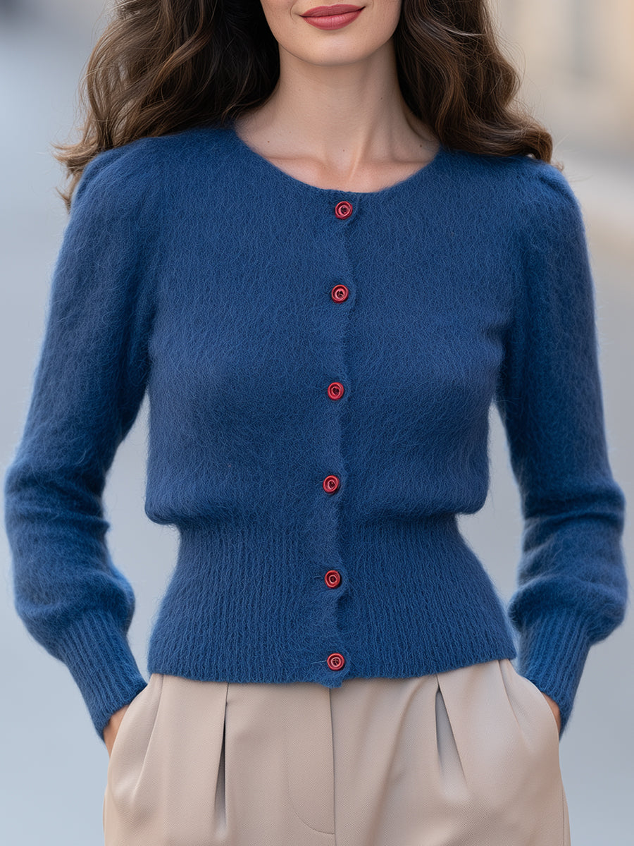 Elegant Rose Button Fuzzy Knit Waist-Defining Cardigan