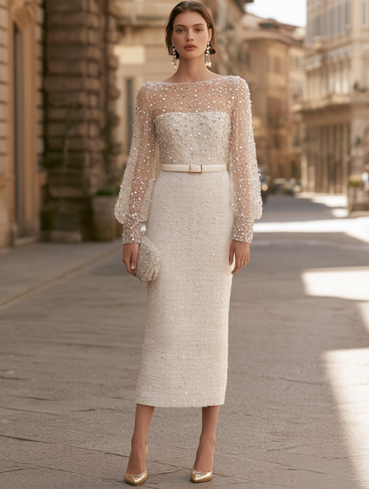 Beaded Sheer-Sleeve Midi Dress