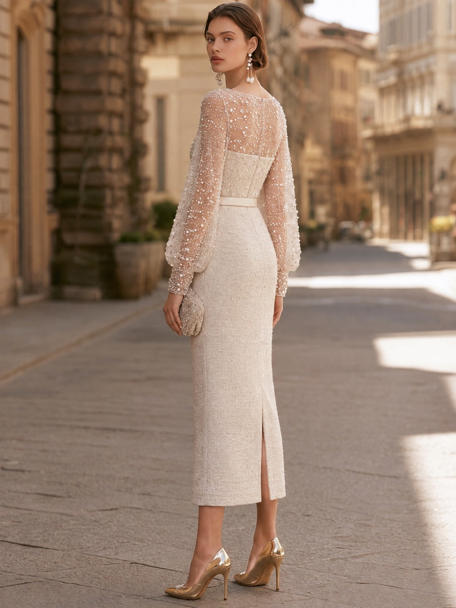Beaded Sheer-Sleeve Midi Dress