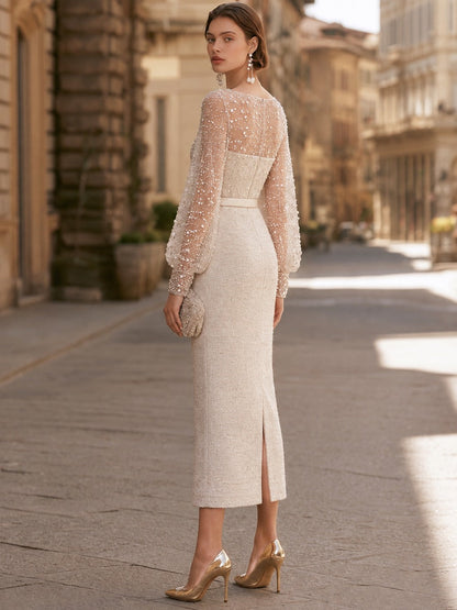 Beaded Sheer-Sleeve Midi Dress
