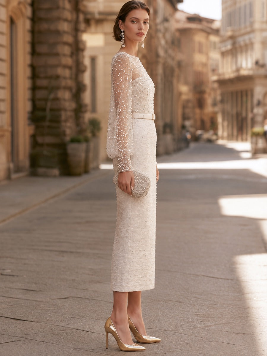 Beaded Sheer-Sleeve Midi Dress