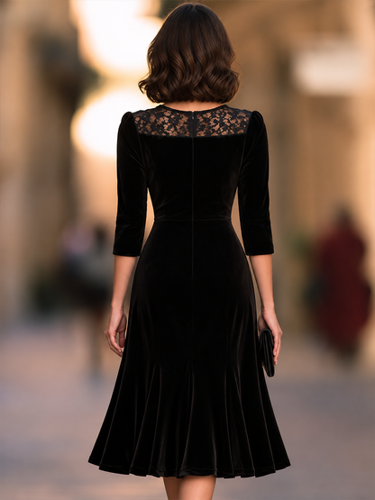 Lace Yoke Midi Dress With Three-Quarter Sleeves And Flounce Hem