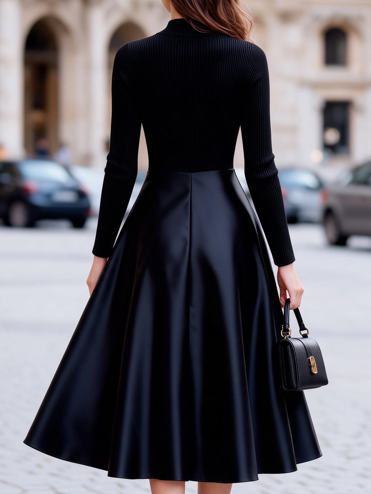 Ribbed Knit And Satin A-Line Midi Dress