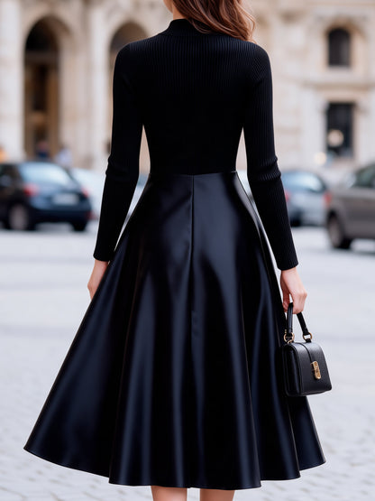 Ribbed Knit And Satin A-Line Midi Dress