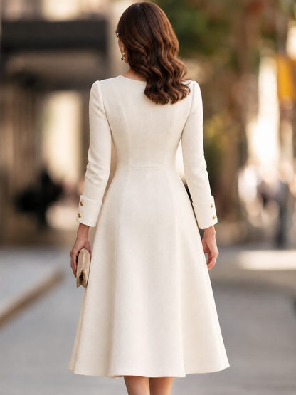 Wrap V-Neck Midi Dress With Gold Buttons And Flared Hem