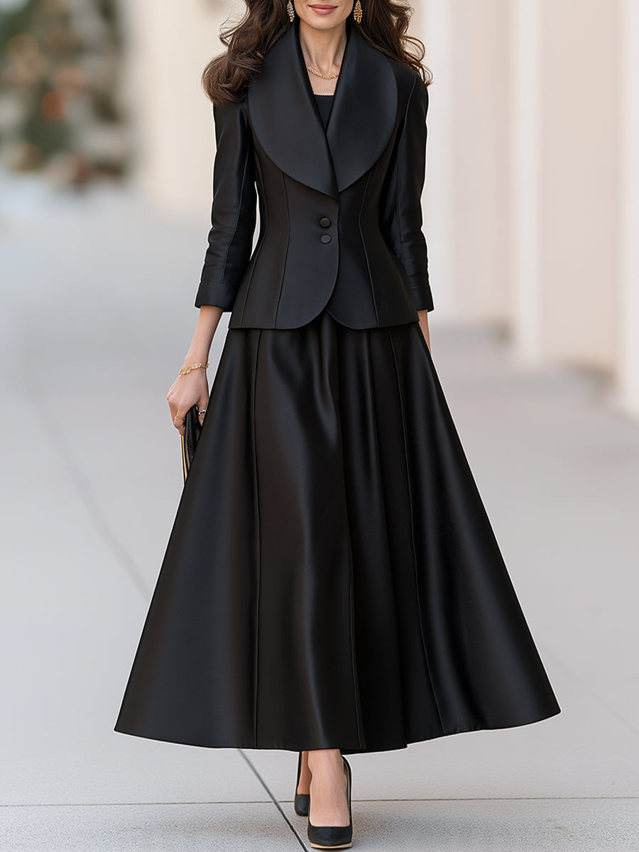 Elegant Shawl Collar Peplum Blazer And Flared Maxi Skirt Set