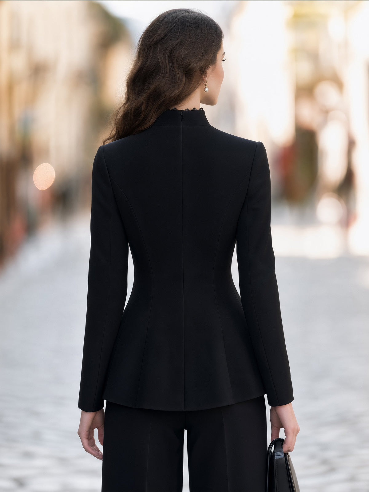 Lace-Panel Peplum Tailored Jacket