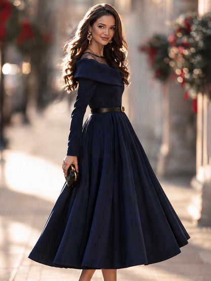 Elegant Sheer Mesh Off-Shoulder Belted A-Line Midi Dress