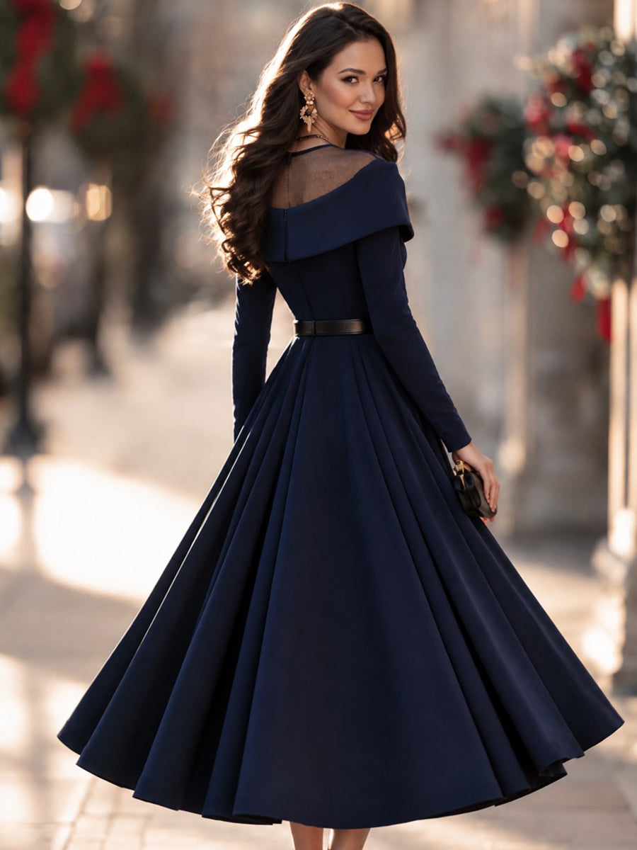 Elegant Sheer Mesh Off-Shoulder Belted A-Line Midi Dress
