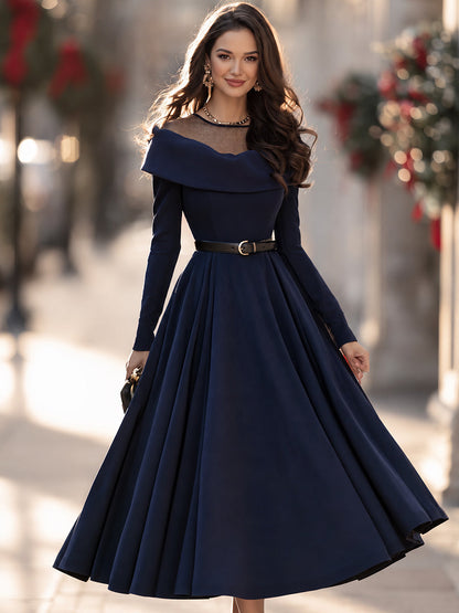 Elegant Sheer Mesh Off-Shoulder Belted A-Line Midi Dress