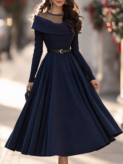 Elegant Sheer Mesh Off-Shoulder Belted A-Line Midi Dress