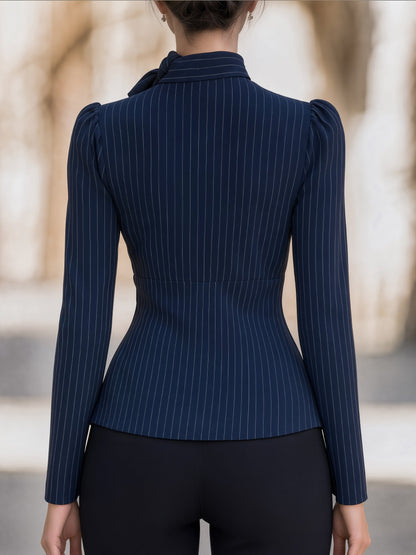 Pinstripe Bow-Neck Structured Blouse