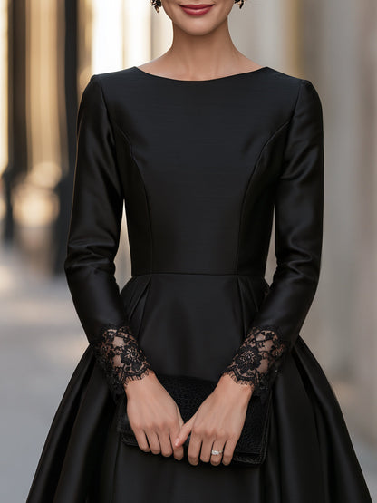 Lace Cuff Long Sleeve Pleated A-Line Midi Dress