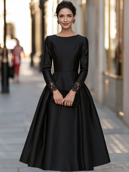 Lace Cuff Long Sleeve Pleated A-Line Midi Dress