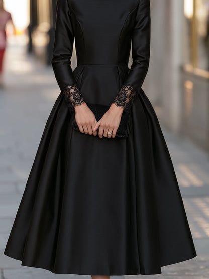 Lace Cuff Long Sleeve Pleated A-Line Midi Dress