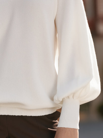 Ivory Lace-Trim V-Neck Pullover Sweater with Balloon Sleeves