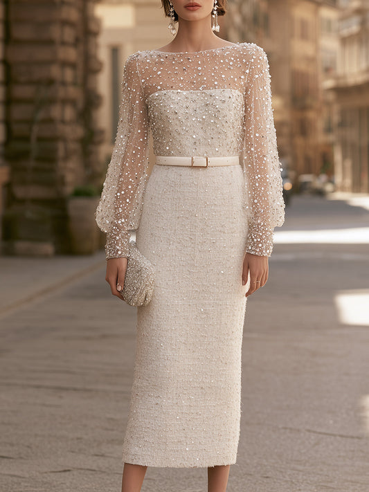 Beaded Sheer-Sleeve Midi Dress