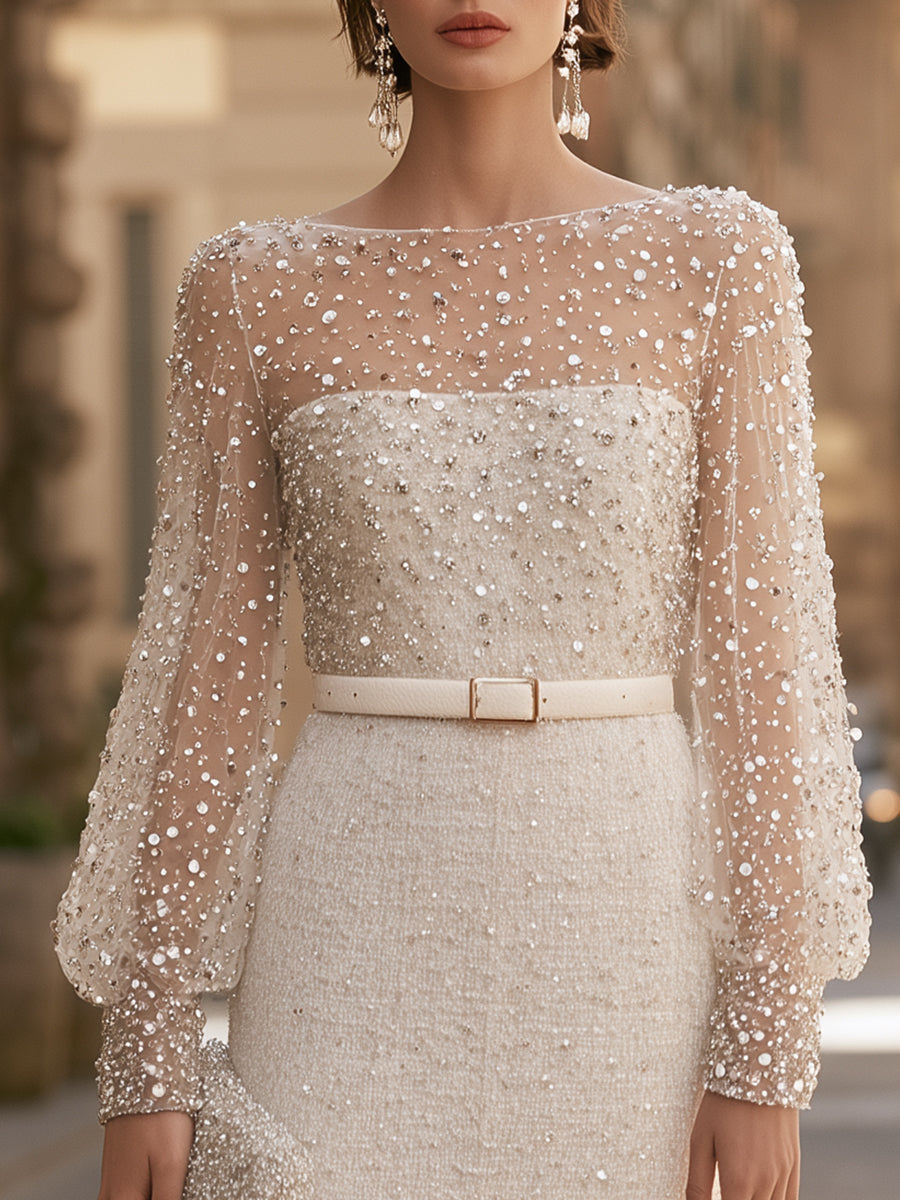 Beaded Sheer-Sleeve Midi Dress