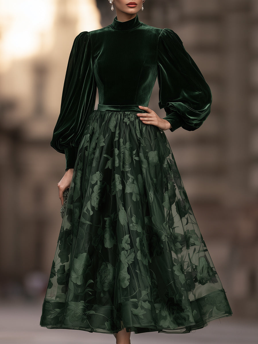 Dark Green Velvet Puff Sleeve Midi Dress with Floral Tulle A-Line Skirt