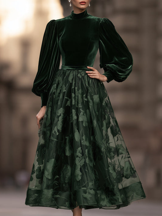 Dark Green Velvet Puff Sleeve Midi Dress with Floral Tulle A-Line Skirt