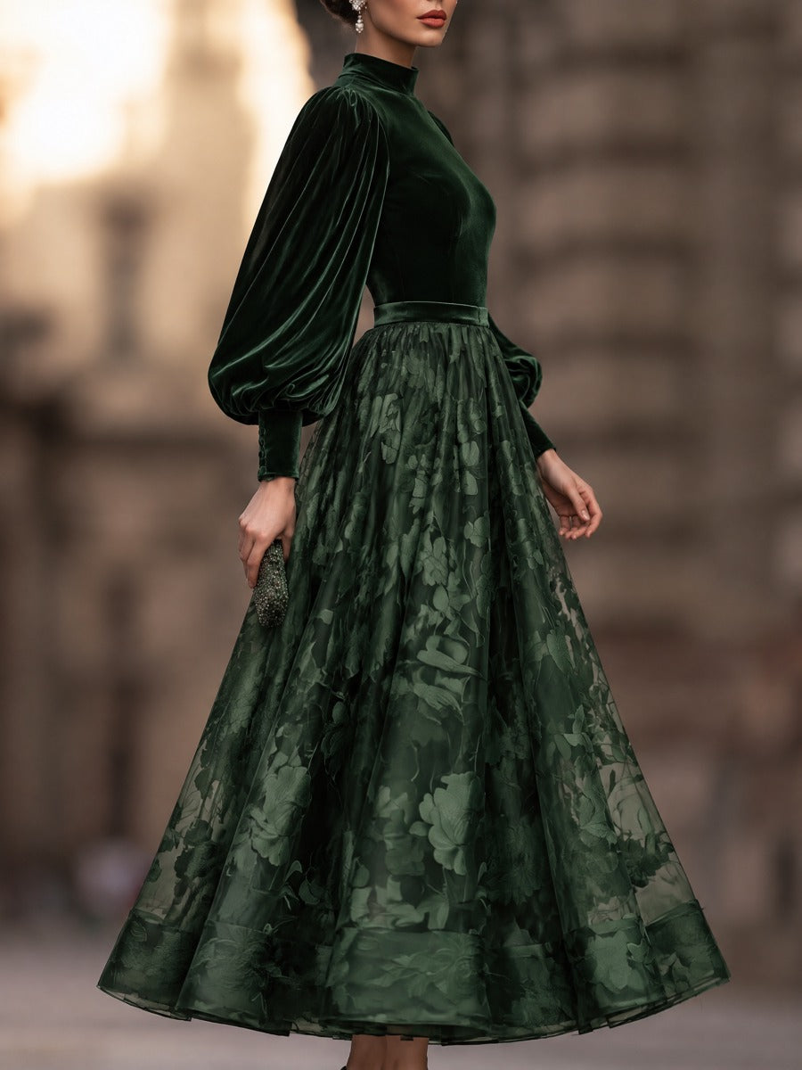 Dark Green Velvet Puff Sleeve Midi Dress with Floral Tulle A-Line Skirt