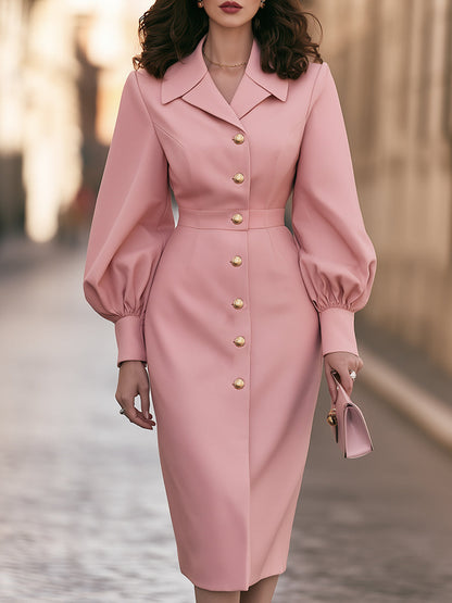 Button-Down Bishop-Sleeve Lapel Midi Dress