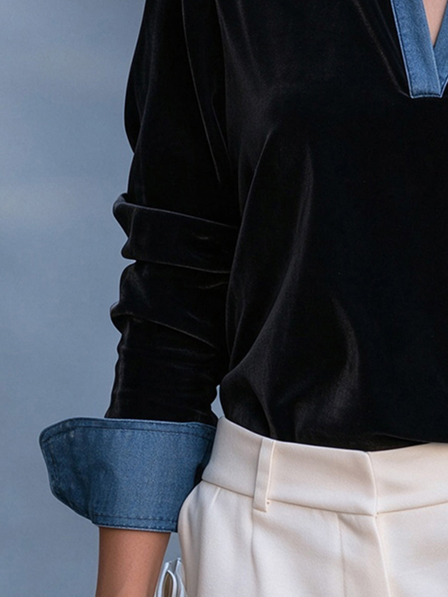 Faux Denim-Contrast Velvet V-Neck Top