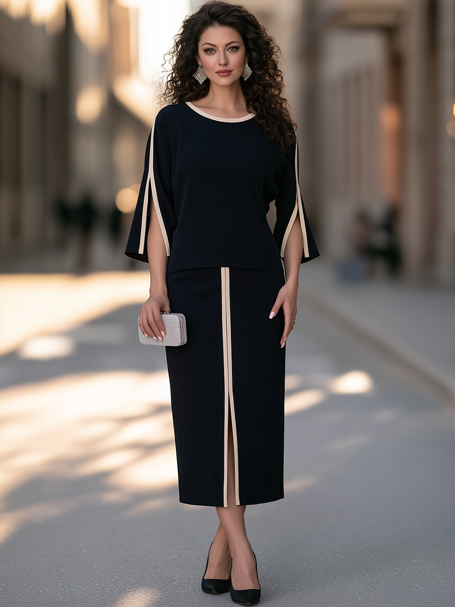 Contrast Trim Two-Piece Set With Split Sleeves And Front Slit Midi Skirt