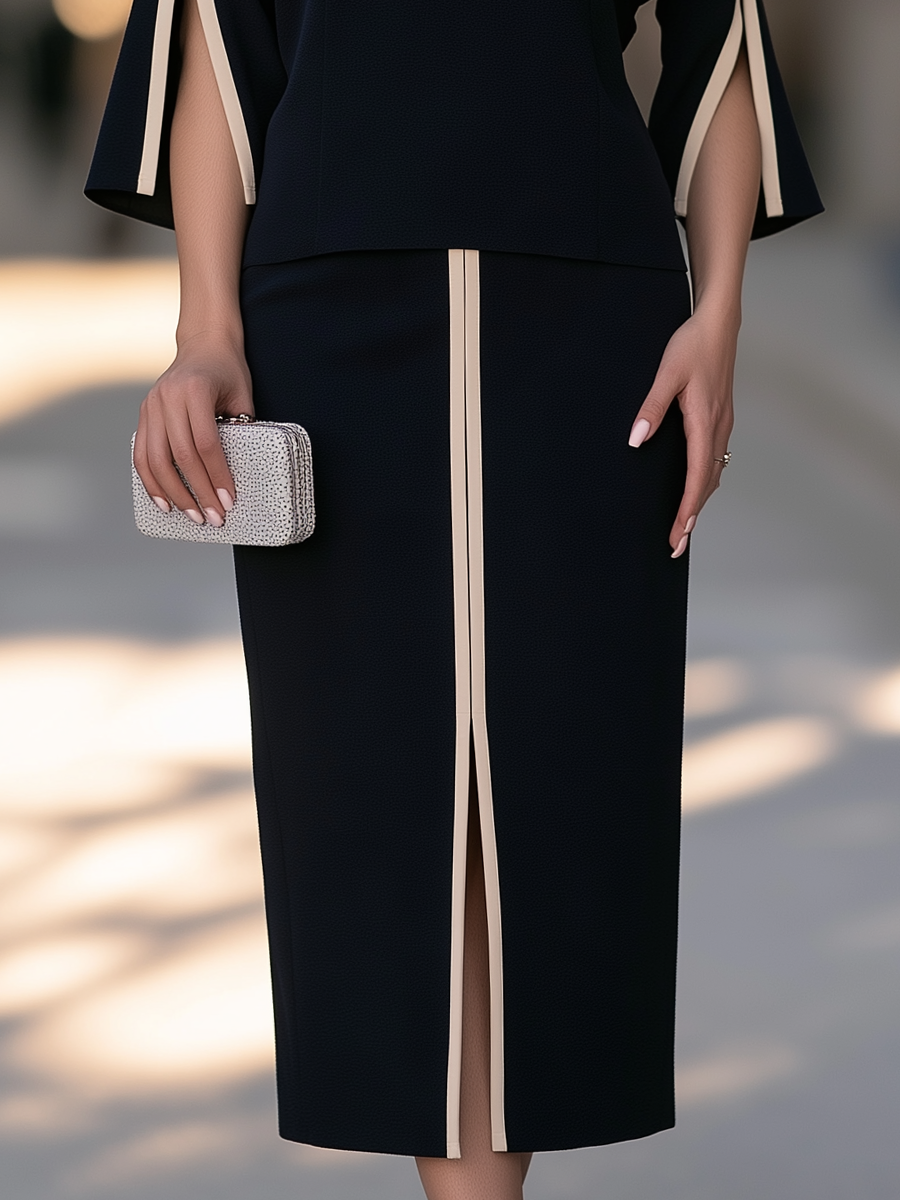 Contrast Trim Two-Piece Set With Split Sleeves And Front Slit Midi Skirt