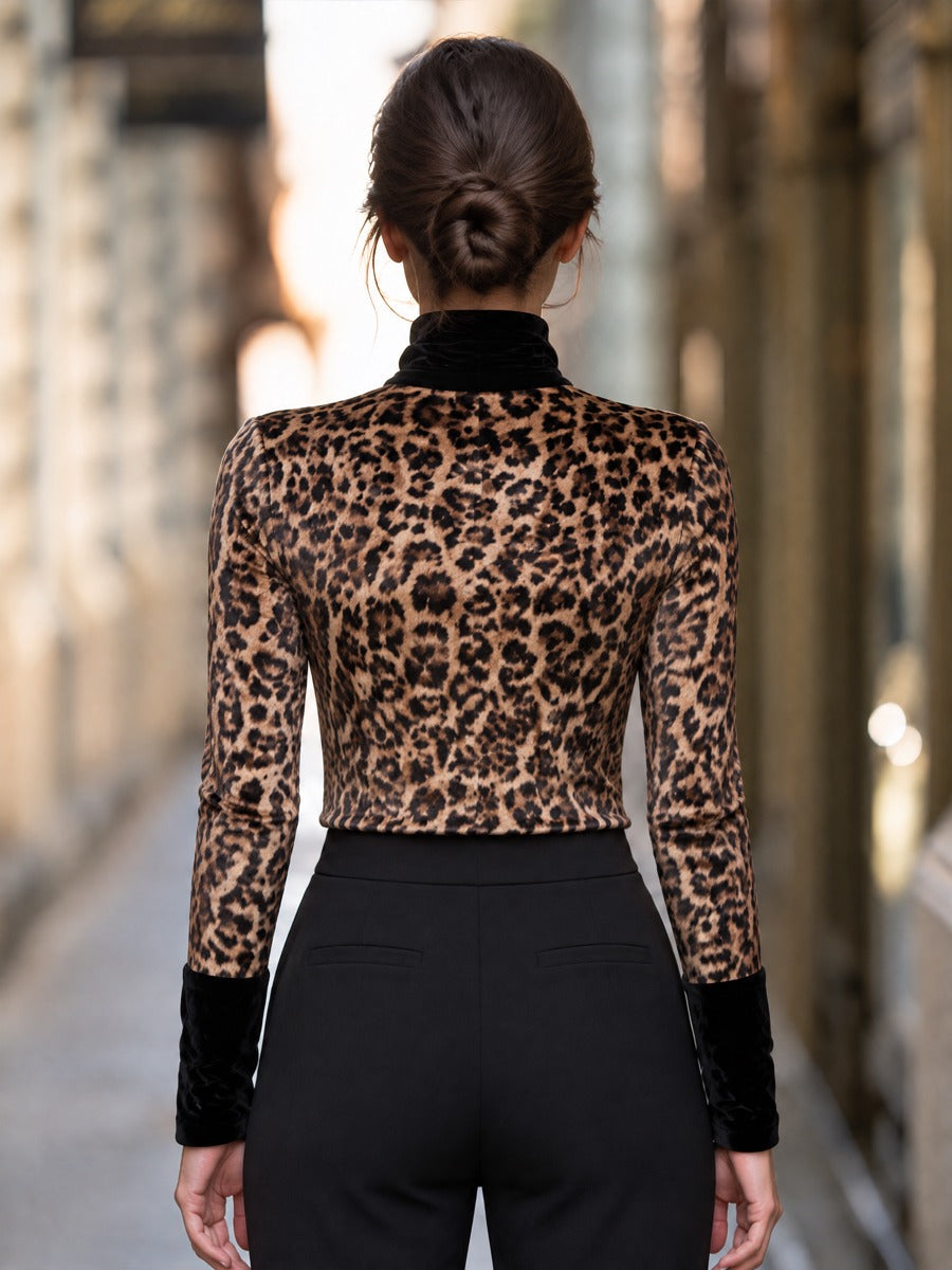 Leopard Print Velvet Turtleneck Top With Contrast Cuffs And Slim Fit