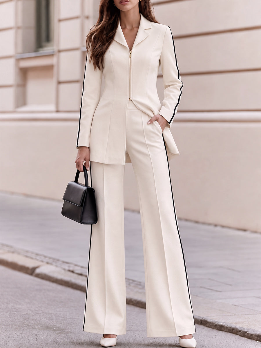 Lapel Zip Front Tailored Blazer And Side Stripe Wide Leg Pants Co Ord Set