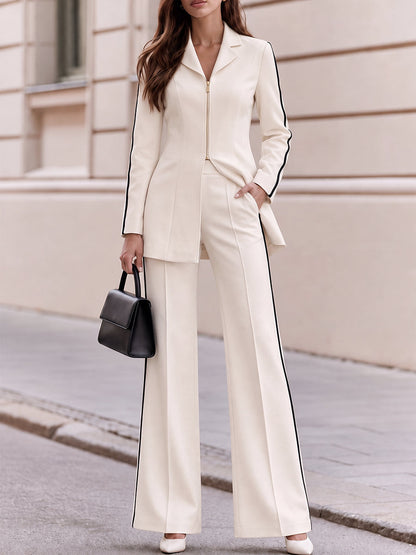 Lapel Zip Front Tailored Blazer And Side Stripe Wide Leg Pants Co Ord Set