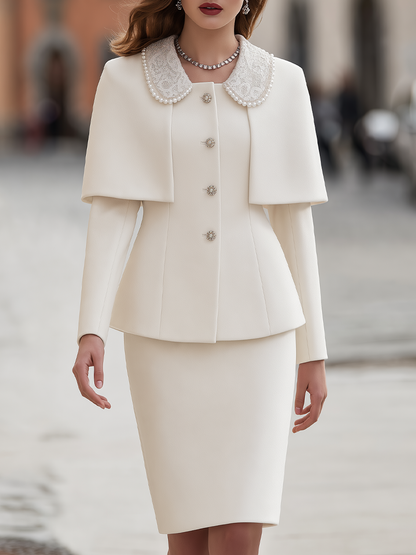 Ivory Pearl Lace Collar Cape Skirt Suit