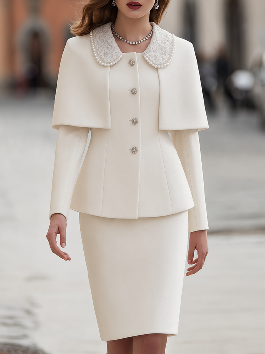 Ivory Pearl Lace Collar Cape Skirt Suit