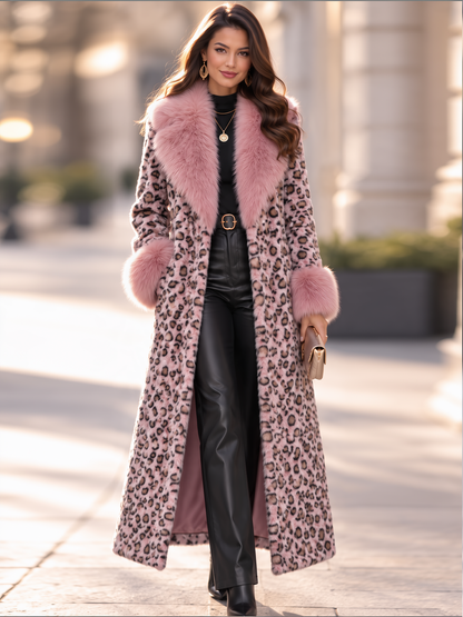 Elegant Pink Leopard Print Faux Fur Long Coat With Fluffy Collar And Cuffs