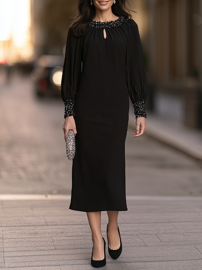 Beaded Neck Midi Dress With Keyhole And Balloon Sleeves