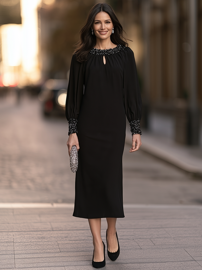 Beaded Neck Midi Dress With Keyhole And Balloon Sleeves
