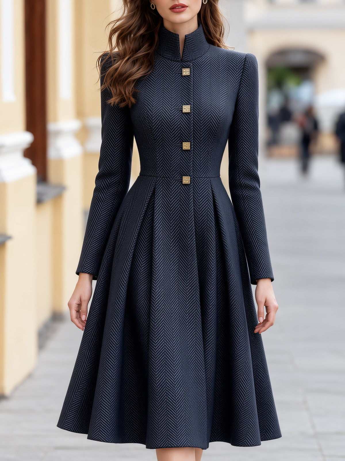 Herringbone Stand Collar Woolen A-Line Midi Dress