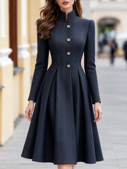 Herringbone Stand Collar Woolen A-Line Midi Dress