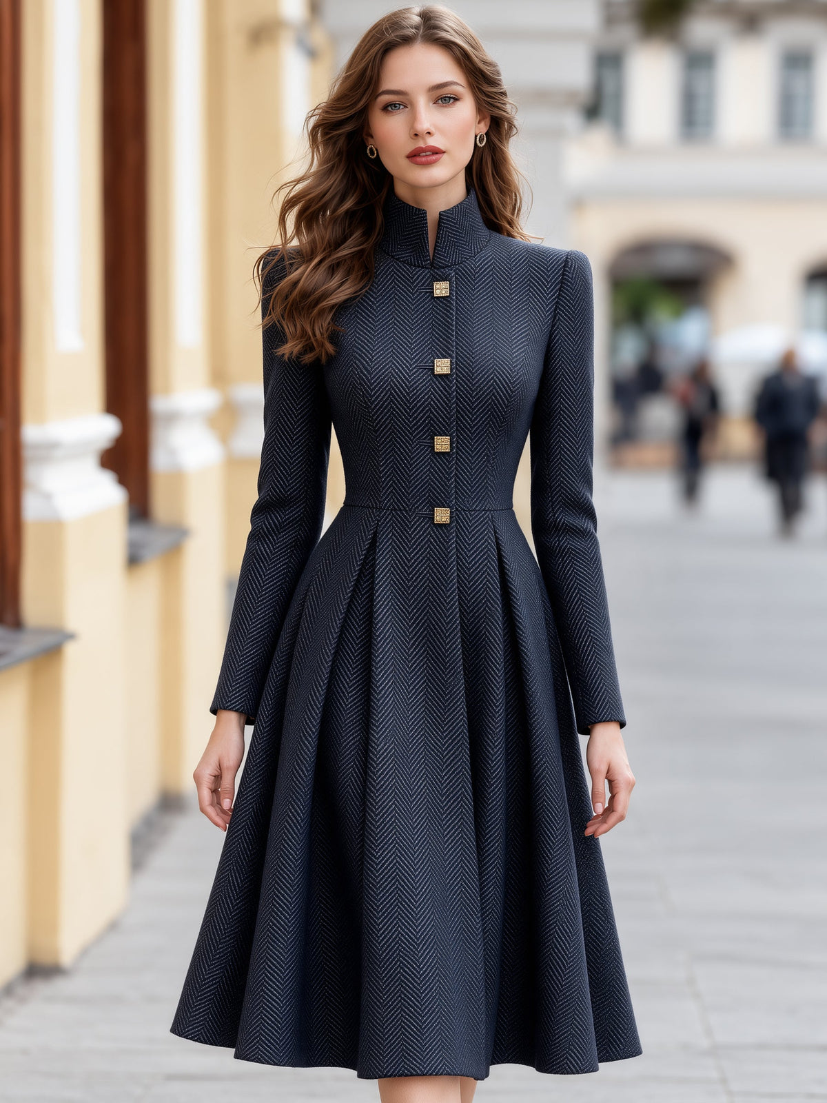 Herringbone Stand Collar Woolen A-Line Midi Dress
